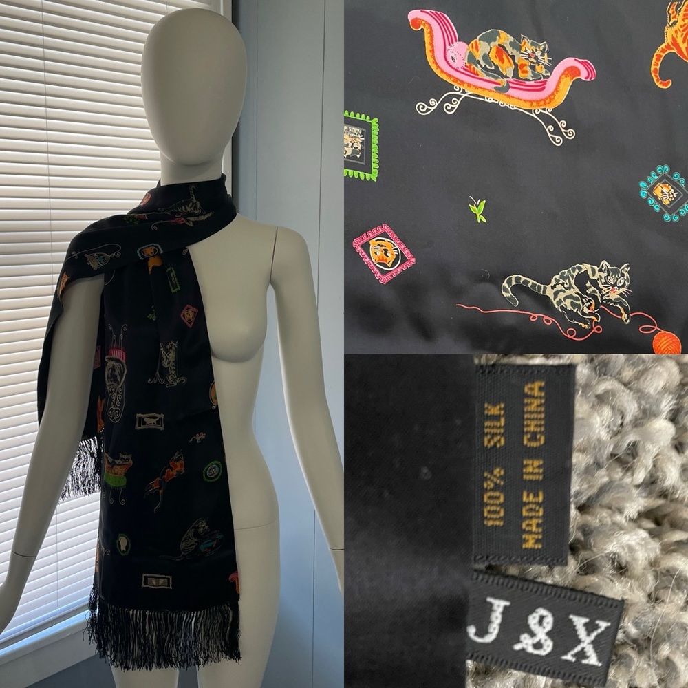 Rare J&X NY Cat Kitty Silk Fringe Scarf Fashion Design Art
